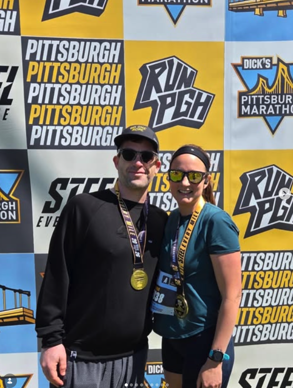 Laura and Nick Merich at the Pittsburgh Marathon finish