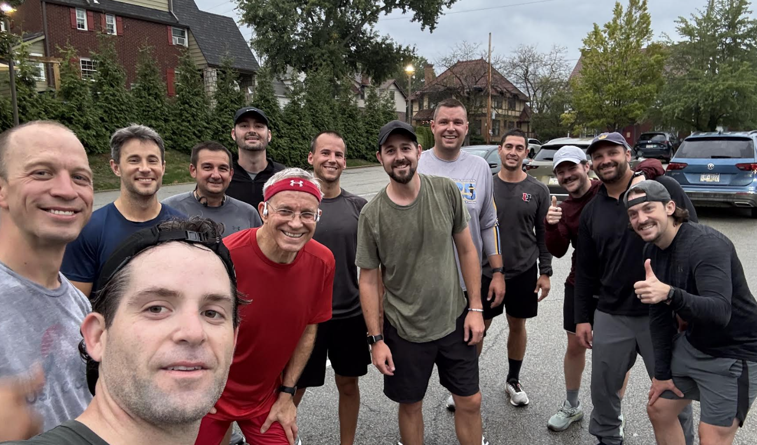 Big crew huddled up after a Saturday run